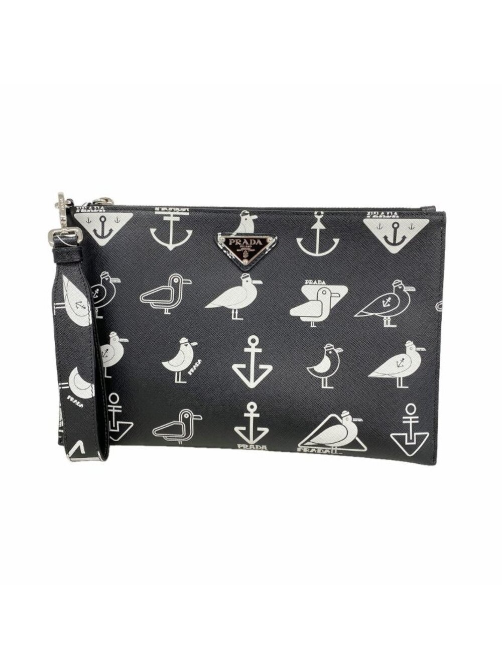 Prada Clutch Saffiano Seagull Leather Black Silver